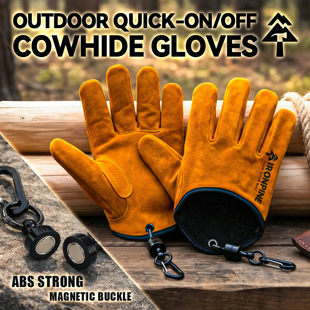 Magnetic Quick-Release Cowhide Work Gloves for Men, Heavy-Duty Leather Gloves with Dual Belt Clips, Reinforced Thumb, Soft Knit Lining for Camping, Firewood, Gardening, Construction, Farm and Yard Work