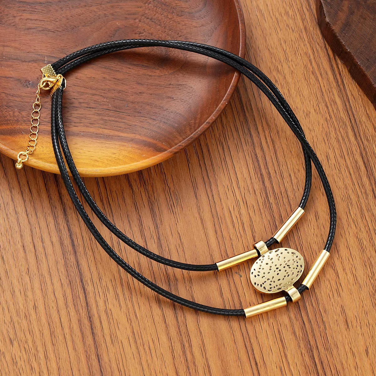 Vintage Oval Metal and Faux Leather Necklace and Bracelet Set for Women - Double Layered Chain Jewelry in Gold and Silver Colors (2 Pieces)