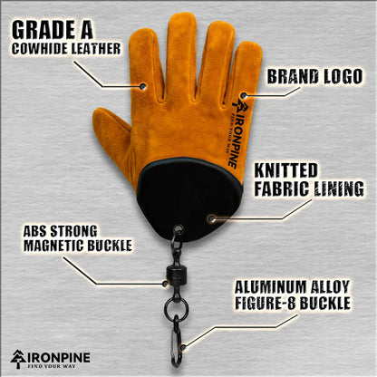 Magnetic Quick-Release Cowhide Work Gloves for Men, Heavy-Duty Leather Gloves with Dual Belt Clips, Reinforced Thumb, Soft Knit Lining for Camping, Firewood, Gardening, Construction, Farm and Yard Work