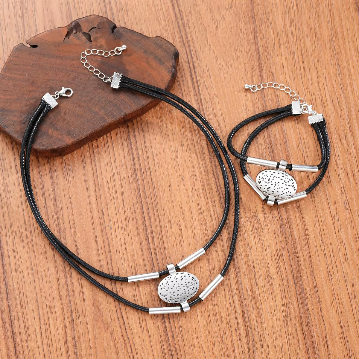 Vintage Oval Metal and Faux Leather Necklace and Bracelet Set for Women - Double Layered Chain Jewelry in Gold and Silver Colors (2 Pieces)