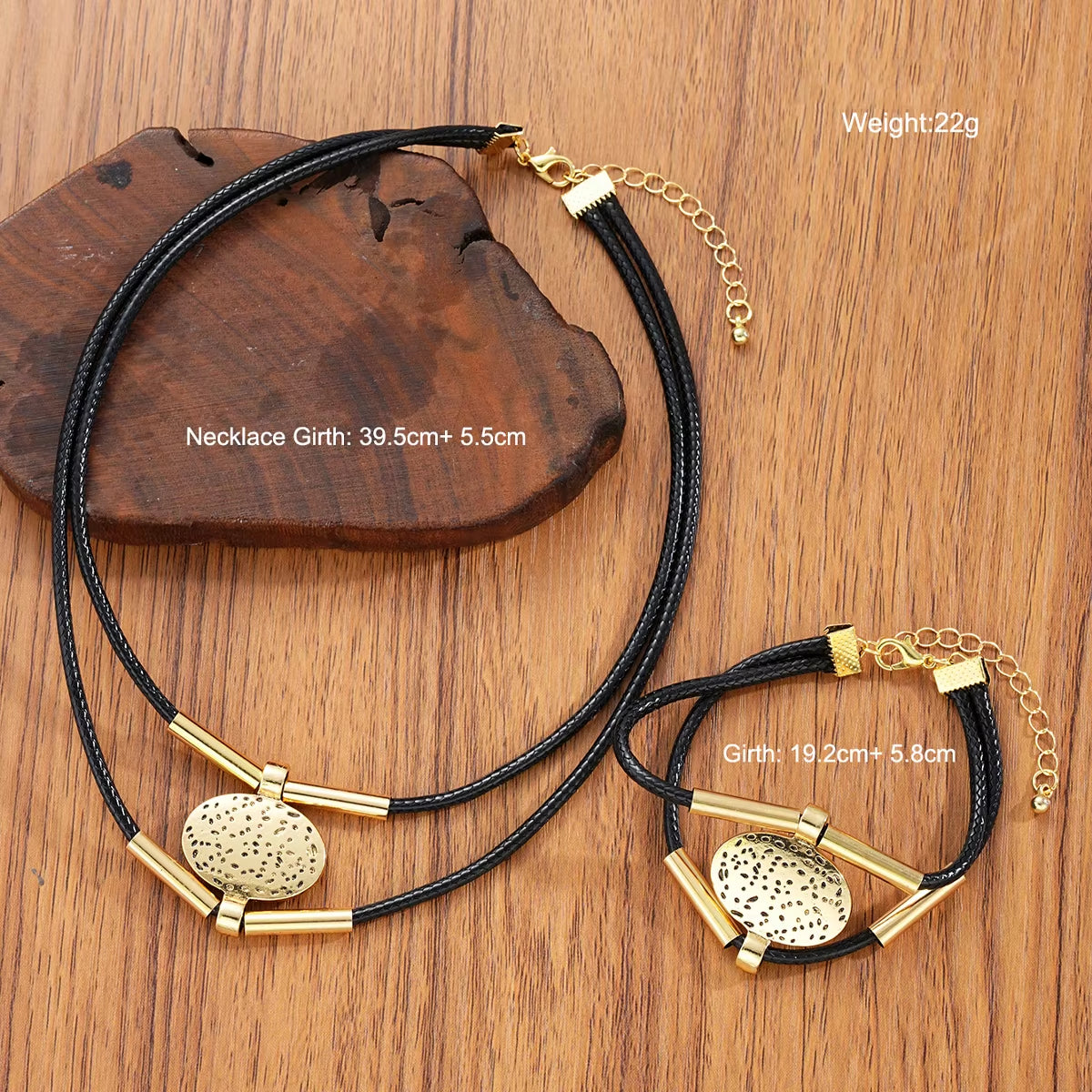 Vintage Oval Metal and Faux Leather Necklace and Bracelet Set for Women - Double Layered Chain Jewelry in Gold and Silver Colors (2 Pieces)