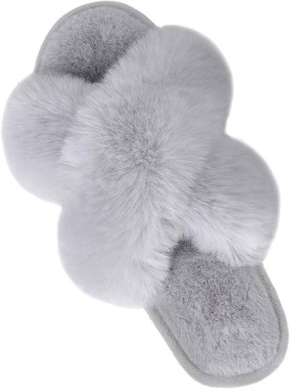 Women's Cross Band Fuzzy Open-Toe Memory Foam Slippers | Soft Faux Fur Indoor Footwear with Non-Slip Rubber Sole, Ideal Cozy Gifts for Ladies, Mothers, and Bridesmaids