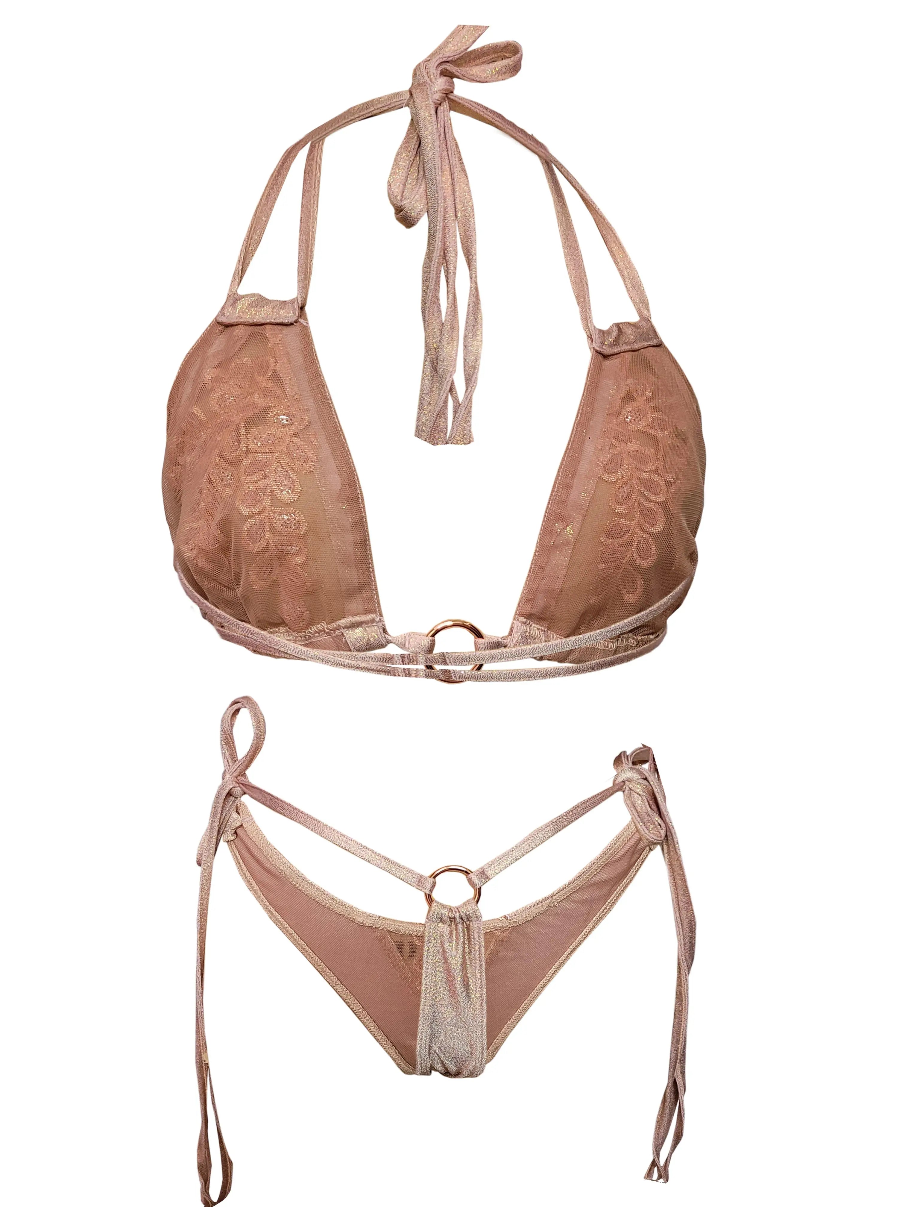 Goddess Rose Set -Rose Gold Pink Suits with Bra and Bow, Stylish Outfit for a Vibrant Look
