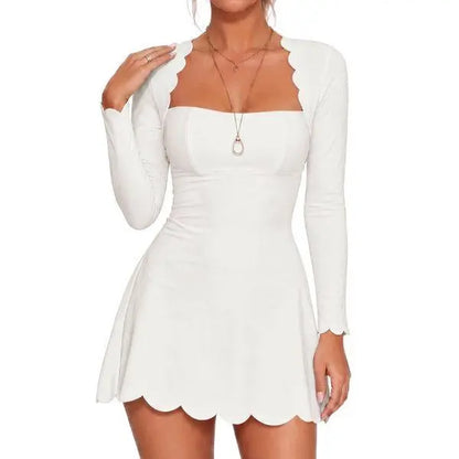 Fisoew Women'S Scalloped Square Neck Mini Dress, Long Sleeve Bodycon Fit Flare a Line Short Dress Solid Cute Club Party Skater Dress