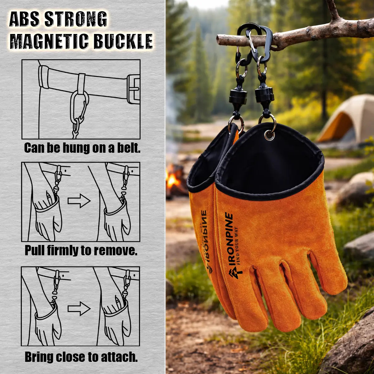 Magnetic Quick-Release Cowhide Work Gloves for Men, Heavy-Duty Leather Gloves with Dual Belt Clips, Reinforced Thumb, Soft Knit Lining for Camping, Firewood, Gardening, Construction, Farm and Yard Work