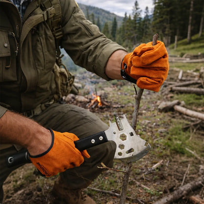 Magnetic Quick-Release Cowhide Work Gloves for Men, Heavy-Duty Leather Gloves with Dual Belt Clips, Reinforced Thumb, Soft Knit Lining for Camping, Firewood, Gardening, Construction, Farm and Yard Work