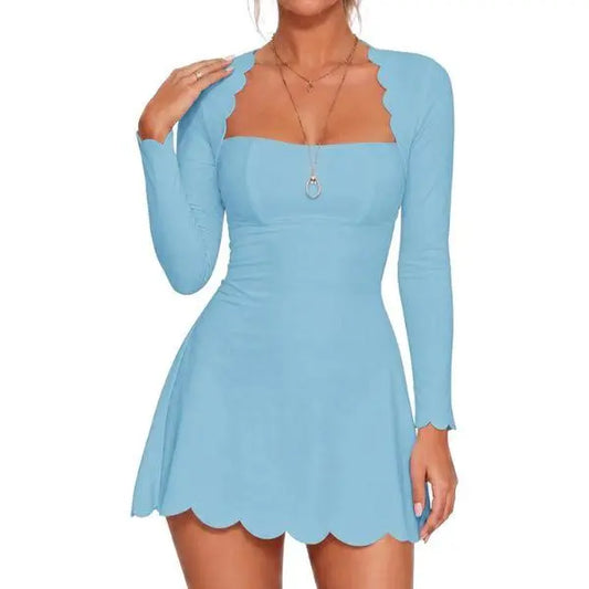 Fisoew Women'S Scalloped Square Neck Mini Dress, Long Sleeve Bodycon Fit Flare a Line Short Dress Solid Cute Club Party Skater Dress