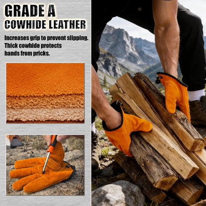 Magnetic Quick-Release Cowhide Work Gloves for Men, Heavy-Duty Leather Gloves with Dual Belt Clips, Reinforced Thumb, Soft Knit Lining for Camping, Firewood, Gardening, Construction, Farm and Yard Work