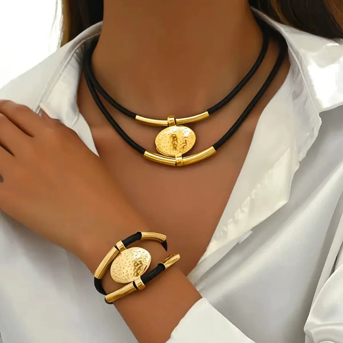 Vintage Oval Metal and Faux Leather Necklace and Bracelet Set for Women - Double Layered Chain Jewelry in Gold and Silver Colors (2 Pieces)
