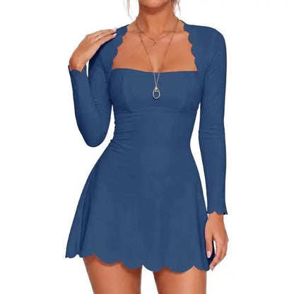 Fisoew Women'S Scalloped Square Neck Mini Dress, Long Sleeve Bodycon Fit Flare a Line Short Dress Solid Cute Club Party Skater Dress