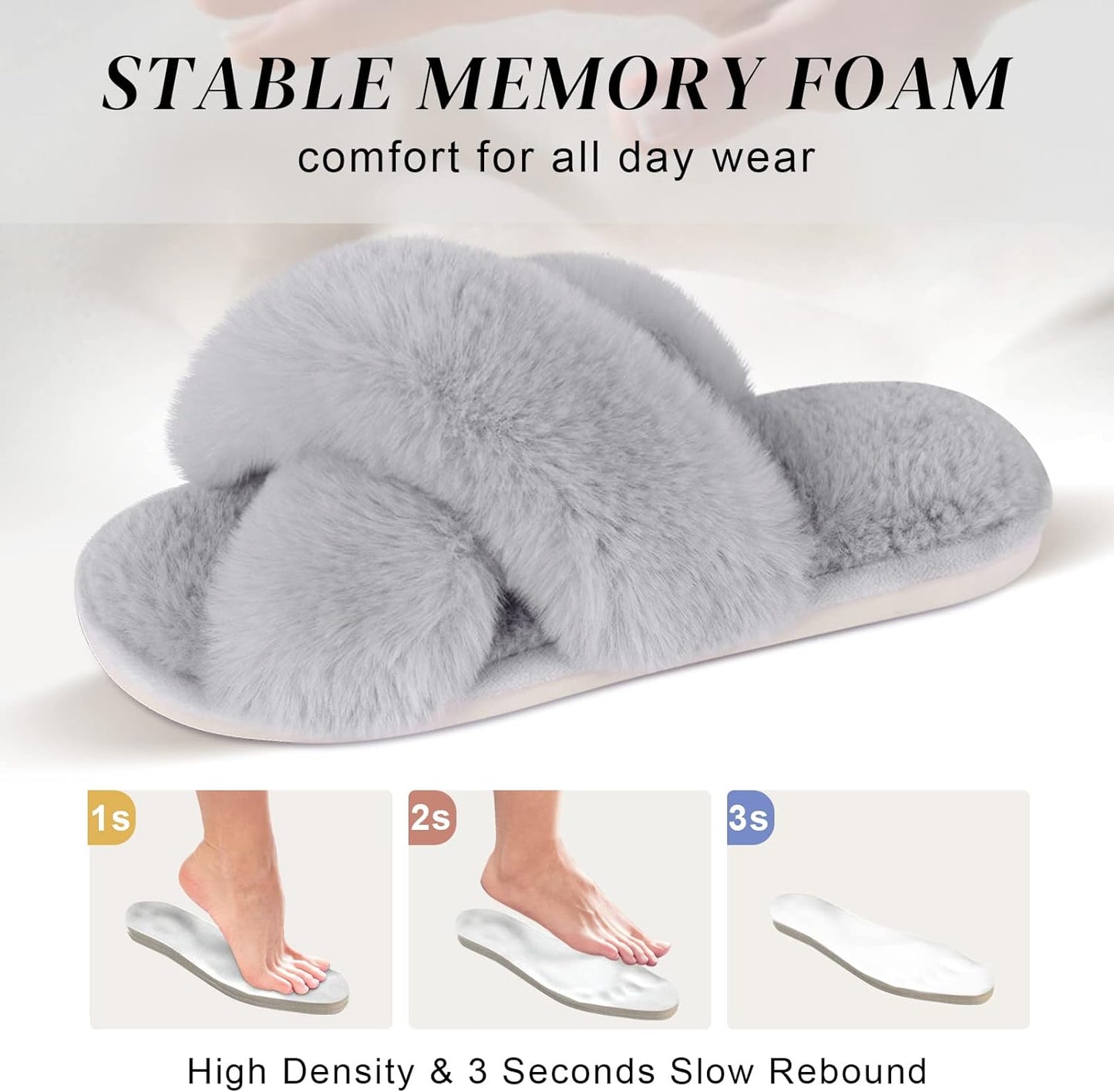 Women's Cross Band Fuzzy Open-Toe Memory Foam Slippers | Soft Faux Fur Indoor Footwear with Non-Slip Rubber Sole, Ideal Cozy Gifts for Ladies, Mothers, and Bridesmaids