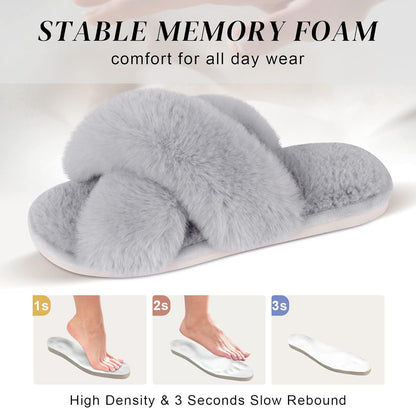 Women's Cross Band Fuzzy Open-Toe Memory Foam Slippers | Soft Faux Fur Indoor Footwear with Non-Slip Rubber Sole, Ideal Cozy Gifts for Ladies, Mothers, and Bridesmaids