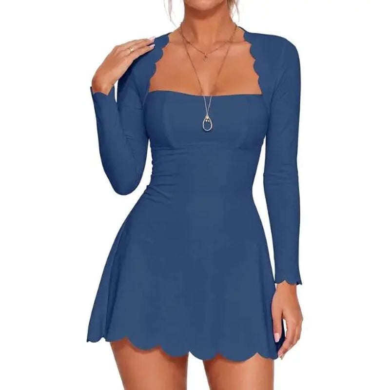 Fisoew Women'S Scalloped Square Neck Mini Dress, Long Sleeve Bodycon Fit Flare a Line Short Dress Solid Cute Club Party Skater Dress