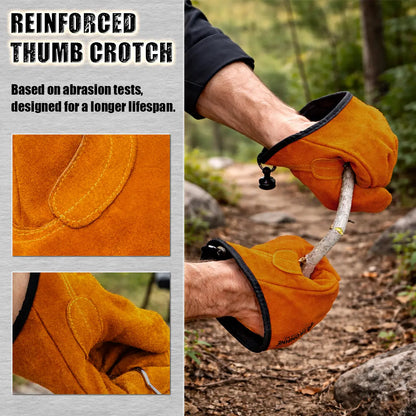 Magnetic Quick-Release Cowhide Work Gloves for Men, Heavy-Duty Leather Gloves with Dual Belt Clips, Reinforced Thumb, Soft Knit Lining for Camping, Firewood, Gardening, Construction, Farm and Yard Work