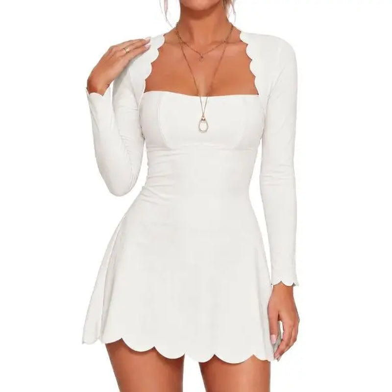 Fisoew Women'S Scalloped Square Neck Mini Dress, Long Sleeve Bodycon Fit Flare a Line Short Dress Solid Cute Club Party Skater Dress