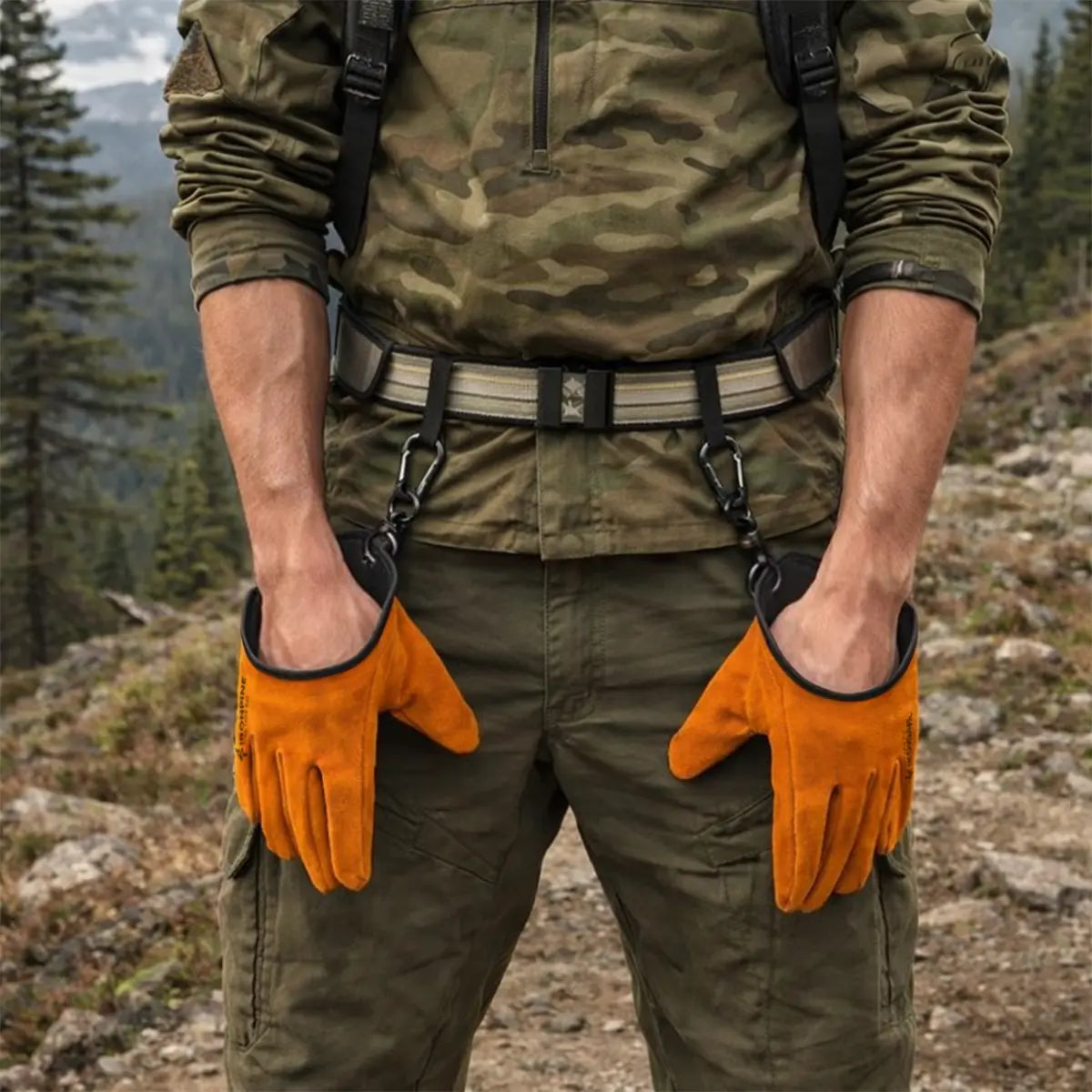 Magnetic Quick-Release Cowhide Work Gloves for Men, Heavy-Duty Leather Gloves with Dual Belt Clips, Reinforced Thumb, Soft Knit Lining for Camping, Firewood, Gardening, Construction, Farm and Yard Work
