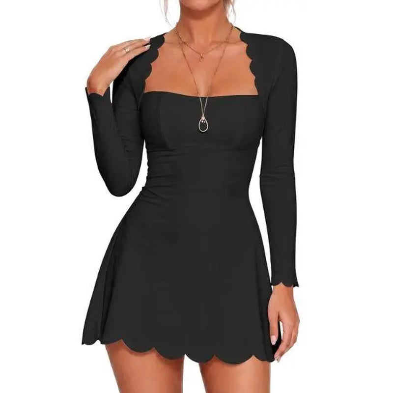 Fisoew Women'S Scalloped Square Neck Mini Dress, Long Sleeve Bodycon Fit Flare a Line Short Dress Solid Cute Club Party Skater Dress