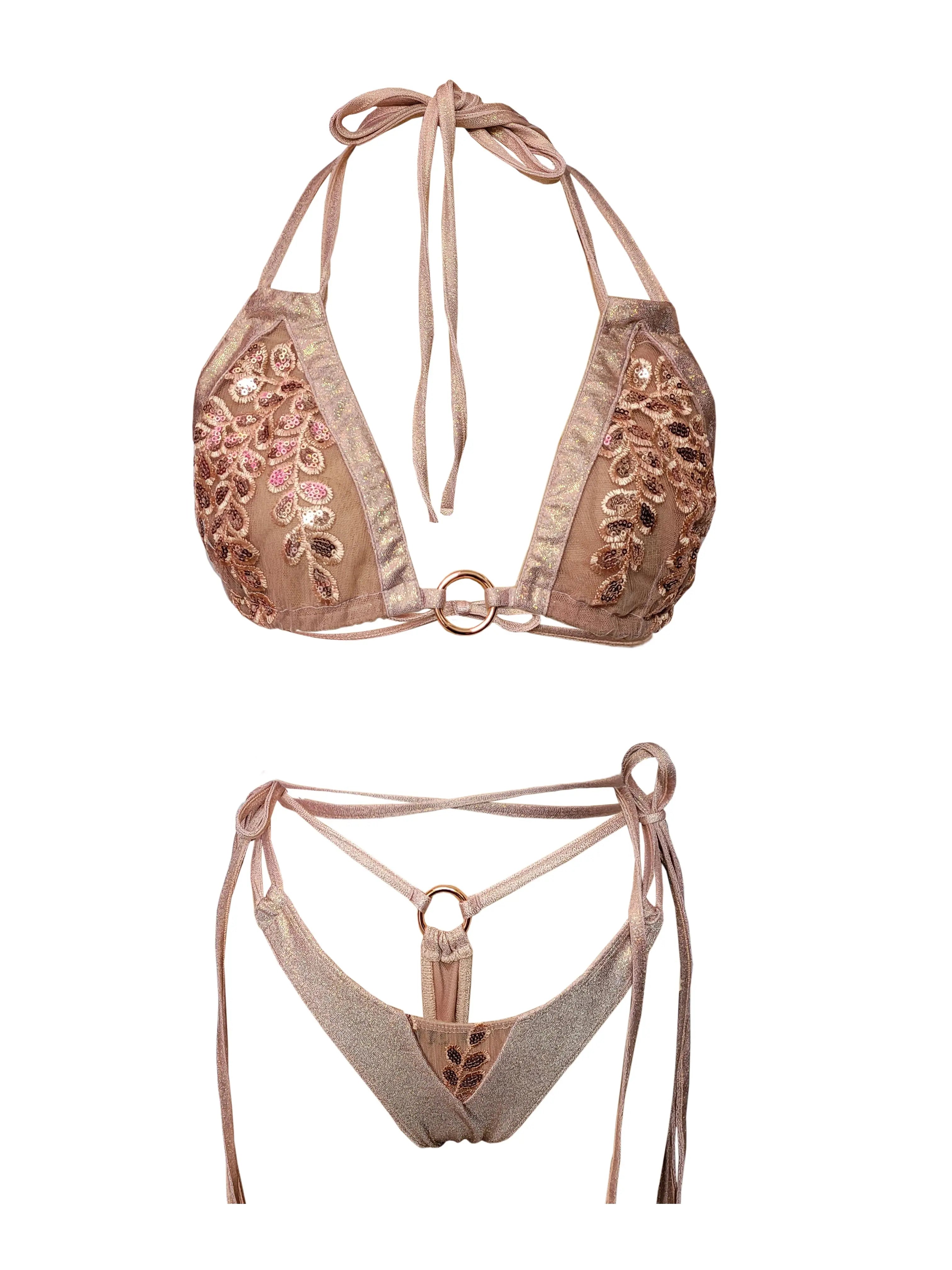 Goddess Rose Set -Rose Gold Pink Suits with Bra and Bow, Stylish Outfit for a Vibrant Look