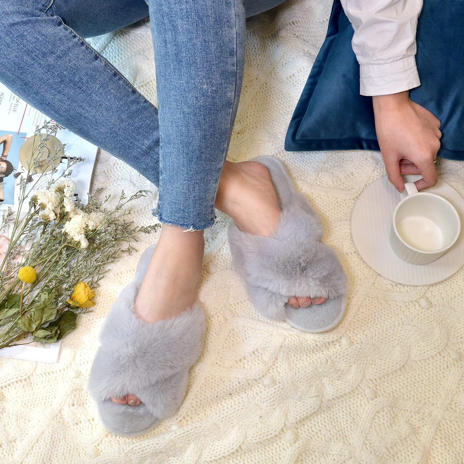 Women's Cross Band Fuzzy Open-Toe Memory Foam Slippers | Soft Faux Fur Indoor Footwear with Non-Slip Rubber Sole, Ideal Cozy Gifts for Ladies, Mothers, and Bridesmaids