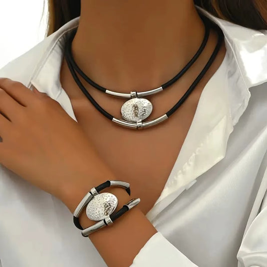 Vintage Oval Metal and Faux Leather Necklace and Bracelet Set for Women - Double Layered Chain Jewelry in Gold and Silver Colors (2 Pieces)