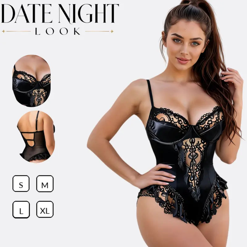 Women'S Black Lace Bustier Bodysuit, Underwire Corset Teddy Lingerie with Adjustable Shoulder Straps, Sheer Mesh Panels and Ruffle Trim, Date Night Sleepwear (Raincoat-Mm Womenswear)