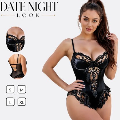 Women'S Black Lace Bustier Bodysuit, Underwire Corset Teddy Lingerie with Adjustable Shoulder Straps, Sheer Mesh Panels and Ruffle Trim, Date Night Sleepwear (Raincoat-Mm Womenswear)