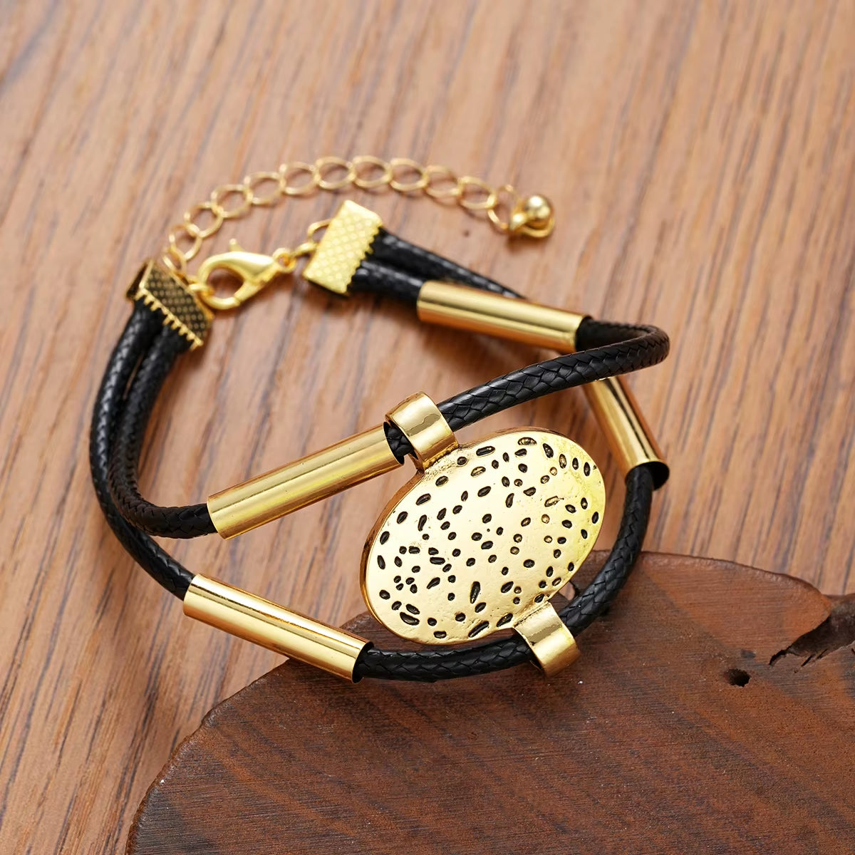 Vintage Oval Metal and Faux Leather Necklace and Bracelet Set for Women - Double Layered Chain Jewelry in Gold and Silver Colors (2 Pieces)